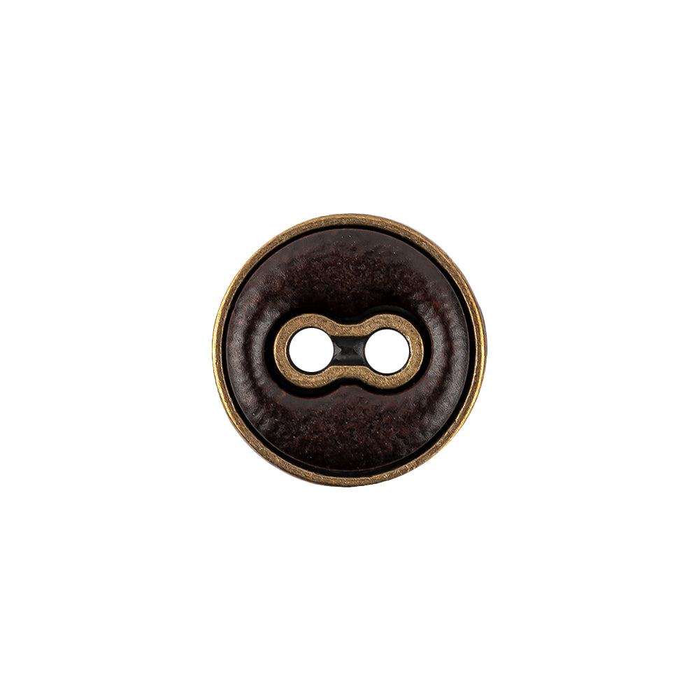 Italian Seal Brown and Brass Metal and Leatherette Button - 24L/15mm Italian Seal Brown and Brass Metal and Leatherette Button - 24L/15mm
