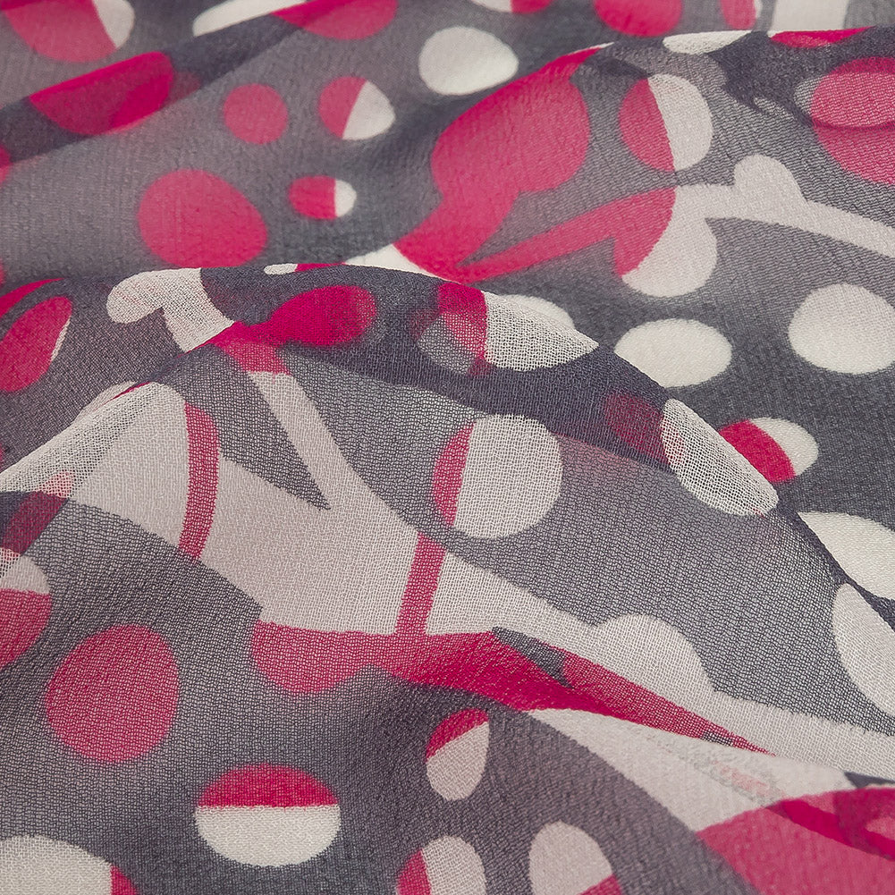 Fuchsia, Gray and White Circles and Stripes Silk Chiffon Detail Fuchsia, Gray and White Circles and Stripes Silk Chiffon Detail