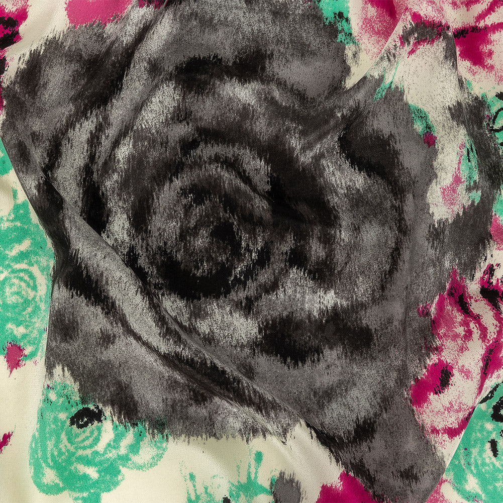 Pink, Electric Green and Flannel Gray Painterly Roses Silk Crepe de Chine Pink, Electric Green and Flannel Gray Painterly Roses Silk Crepe de Chine