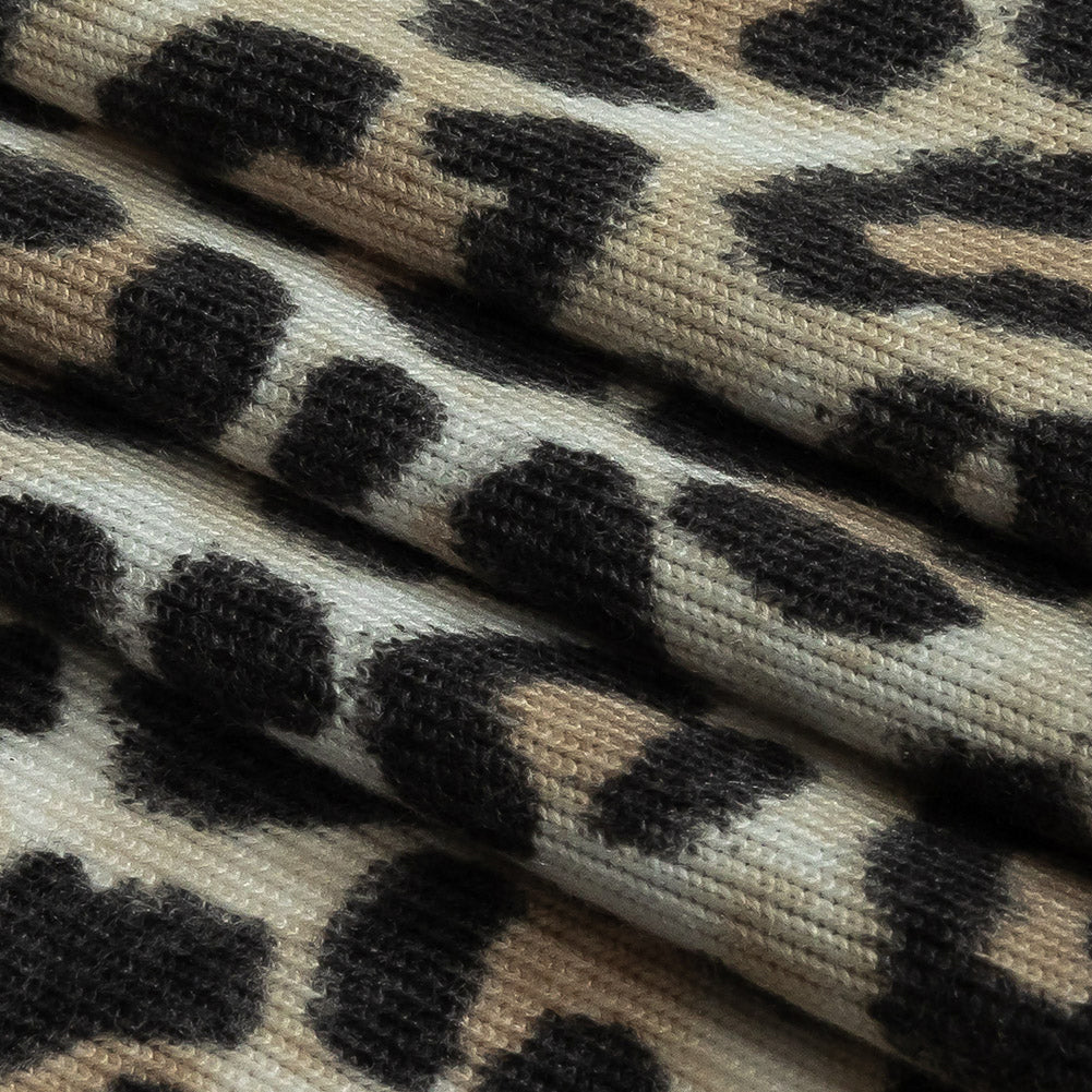 White, Tan and Forged Iron Cheetah Print Stretch Polyester Sweater Knit Folded White, Tan and Forged Iron Cheetah Print Stretch Polyester Sweater Knit Folded