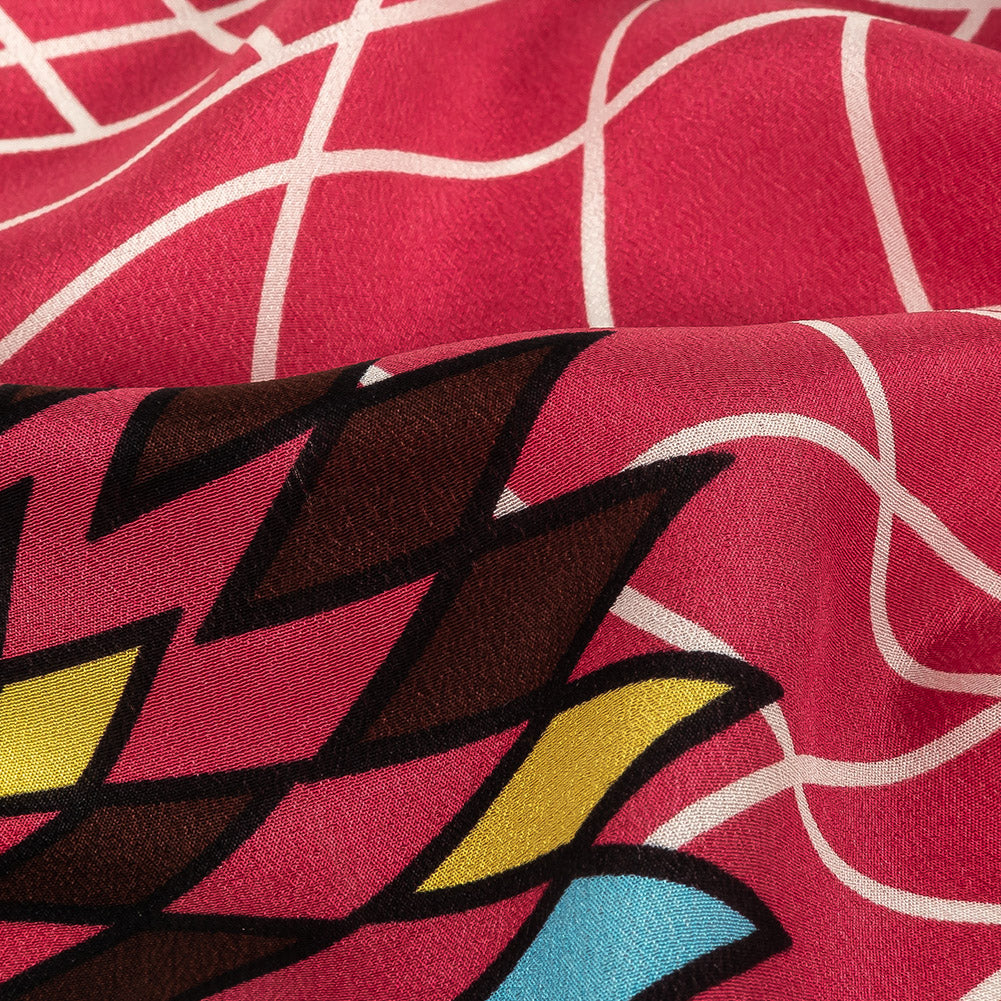 Fuchsia, Brown and Yellow Geometric Dahlias Silk Crepe de Chine Detail Fuchsia, Brown and Yellow Geometric Dahlias Silk Crepe de Chine Detail