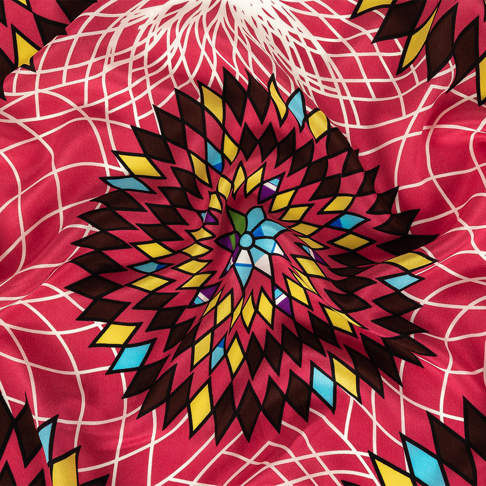 Fuchsia, Brown and Yellow Geometric Dahlias Silk Crepe de Chine Fuchsia, Brown and Yellow Geometric Dahlias Silk Crepe de Chine