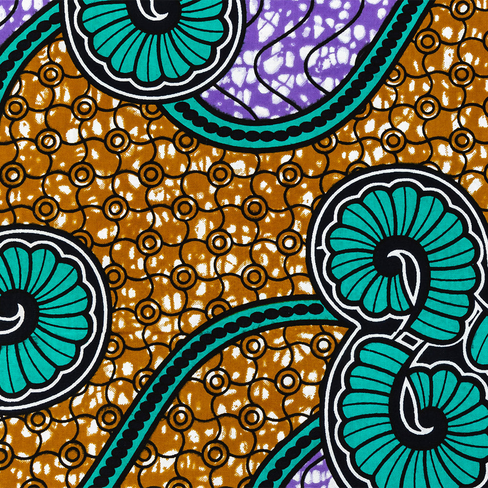 Teal, Gold and Purple Spirals and Abstract Cotton Supreme Super Wax African Print Folded Teal, Gold and Purple Spirals and Abstract Cotton Supreme Super Wax African Print Folded