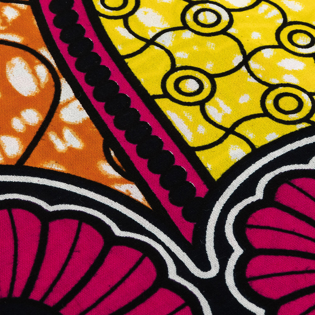 Pink, Lemon and Orange Spirals and Abstract Cotton Supreme Super Wax African Print Detail Pink, Lemon and Orange Spirals and Abstract Cotton Supreme Super Wax African Print Detail