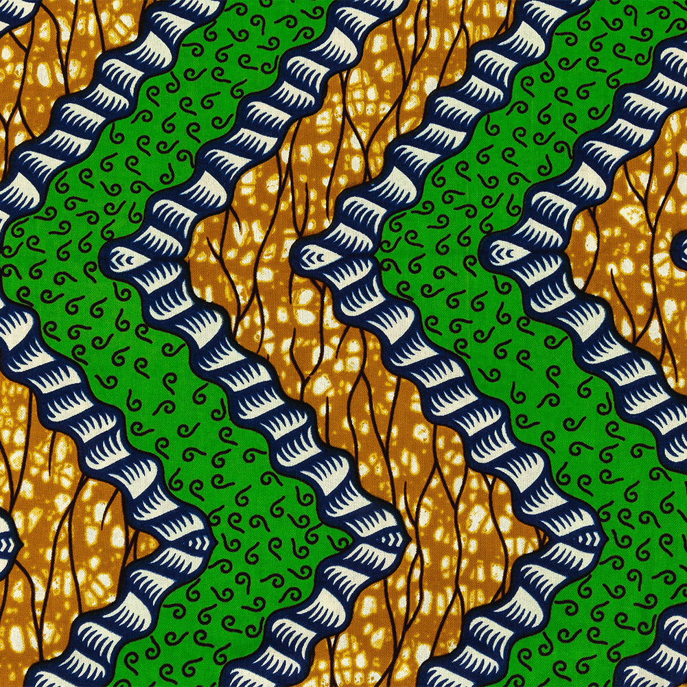 Green, Estate Blue and Tan Wavy Zig Zags Cotton Supreme Wax African Print Folded Green, Estate Blue and Tan Wavy Zig Zags Cotton Supreme Wax African Print Folded