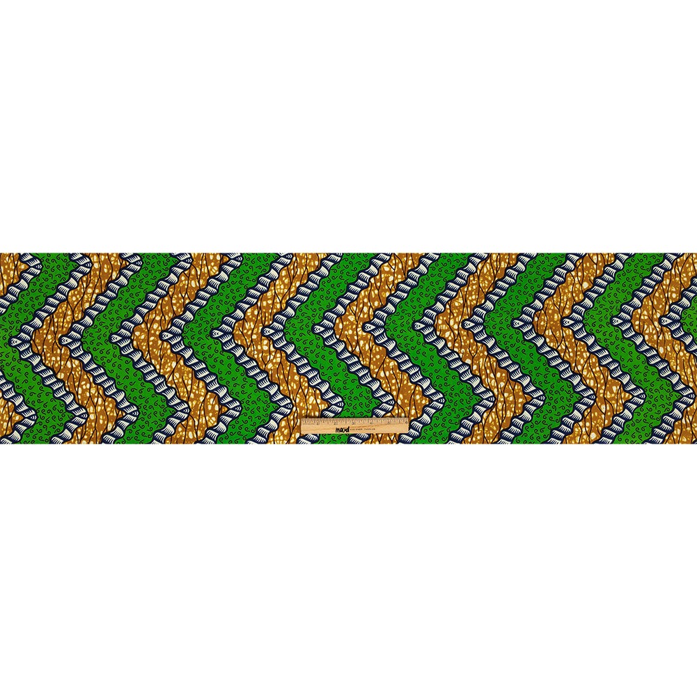 Green, Estate Blue and Tan Wavy Zig Zags Cotton Supreme Wax African Print Full Green, Estate Blue and Tan Wavy Zig Zags Cotton Supreme Wax African Print Full