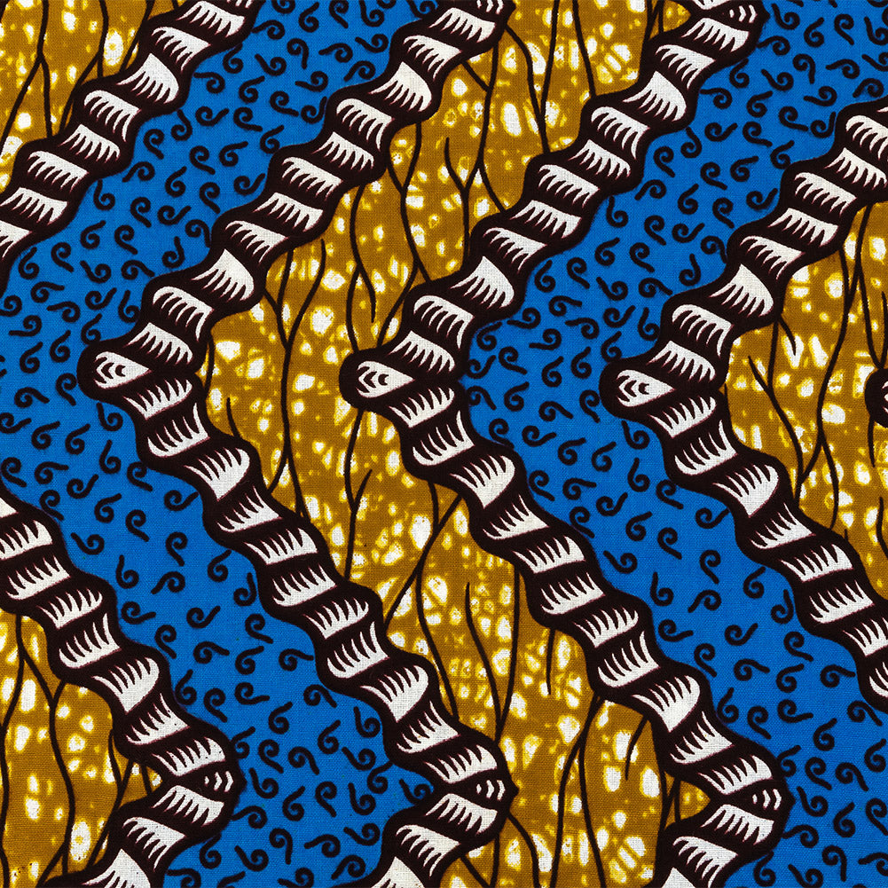 Blue, Dark Yellow and Brown Wavy Zig Zags Cotton Supreme Wax African Print Folded Blue, Dark Yellow and Brown Wavy Zig Zags Cotton Supreme Wax African Print Folded
