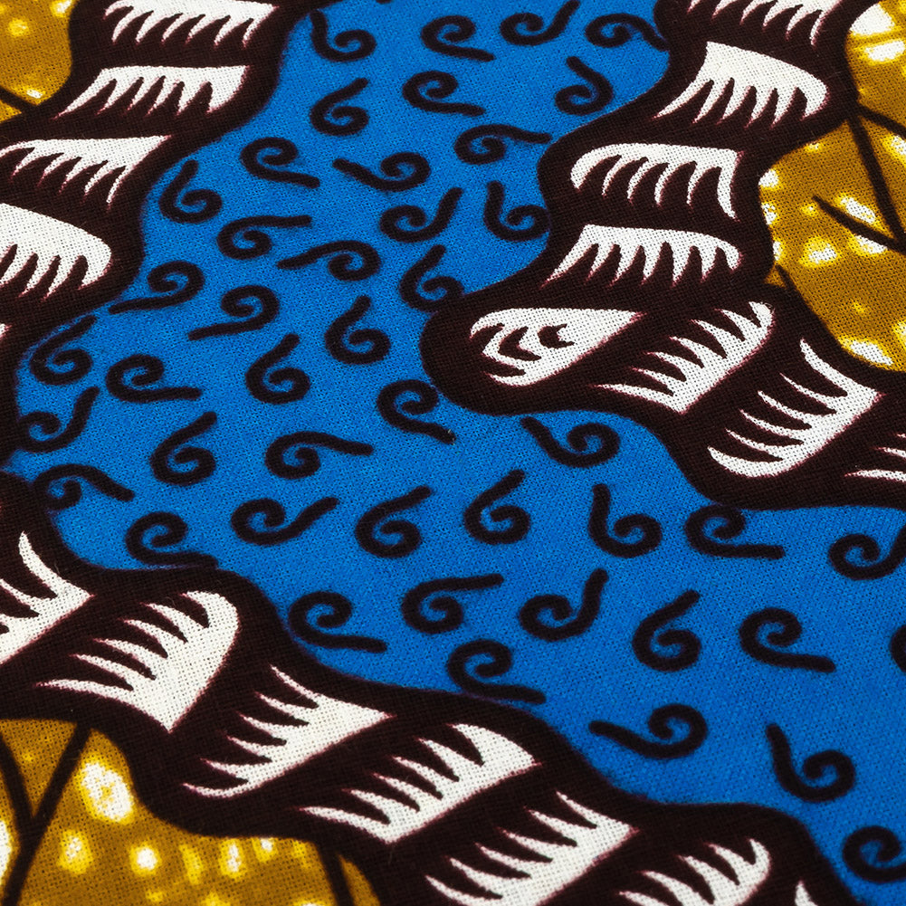 Blue, Dark Yellow and Brown Wavy Zig Zags Cotton Supreme Wax African Print Detail Blue, Dark Yellow and Brown Wavy Zig Zags Cotton Supreme Wax African Print Detail