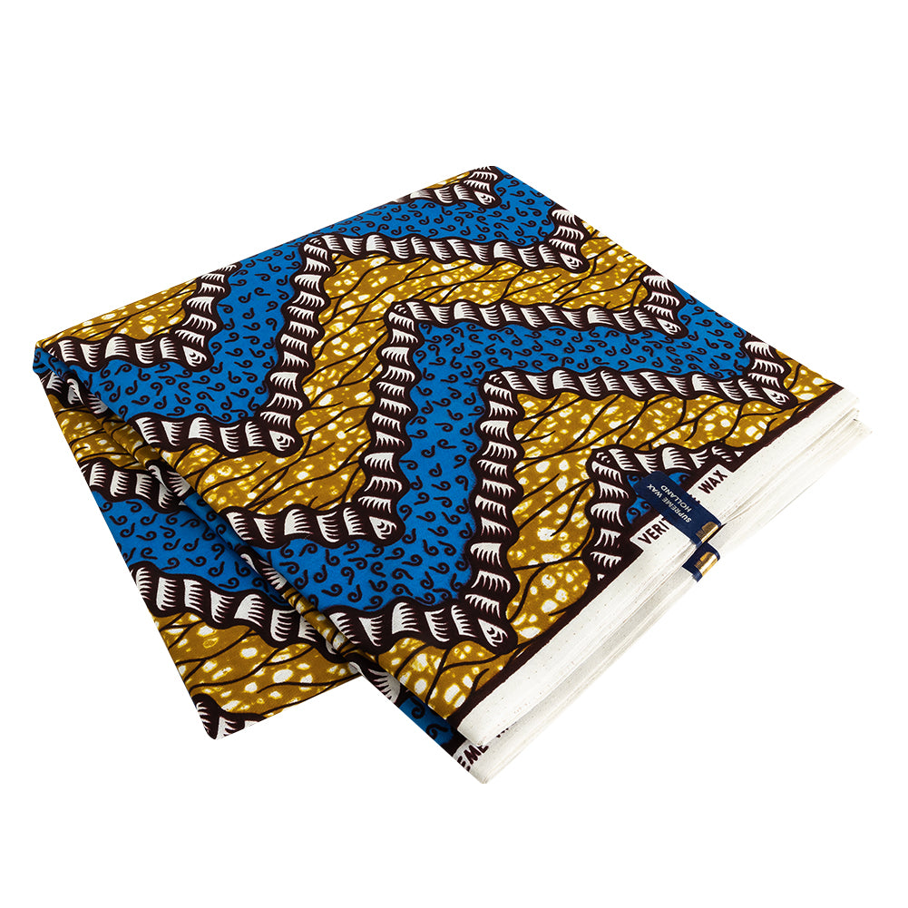Blue, Dark Yellow and Brown Wavy Zig Zags Cotton Supreme Wax African Print Blue, Dark Yellow and Brown Wavy Zig Zags Cotton Supreme Wax African Print