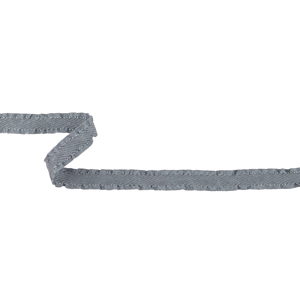 Gray Twill Ribbon with Ruffled Grosgrain Borders - 0.625" Gray Twill Ribbon with Ruffled Grosgrain Borders - 0.625"