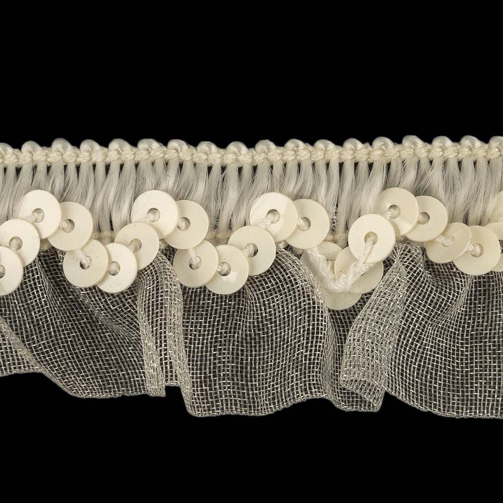 Lily White and Ivory Sequined and Ruffled Elastic Trimming - 0.875" Detail Lily White and Ivory Sequined and Ruffled Elastic Trimming - 0.875" Detail