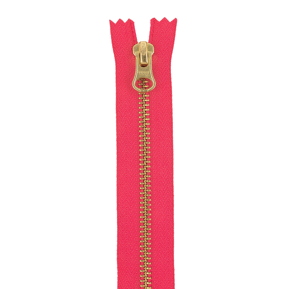 YKK Hot Pink Metal Closed Bottom Zipper with Gold Teeth - 11" YKK Hot Pink Metal Closed Bottom Zipper with Gold Teeth - 11"