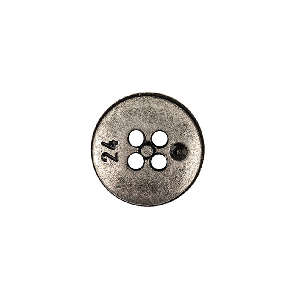 Italian Carbon Silver Shallow Plate 4-Hole Metal Look Coat Button - 24L/15mm Detail Italian Carbon Silver Shallow Plate 4-Hole Metal Look Coat Button - 24L/15mm Detail