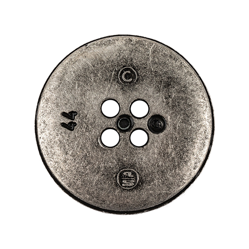 Italian Carbon Silver Shallow Plate 4-Hole Metal Look Coat Button - 44L/28mm Detail Italian Carbon Silver Shallow Plate 4-Hole Metal Look Coat Button - 44L/28mm Detail