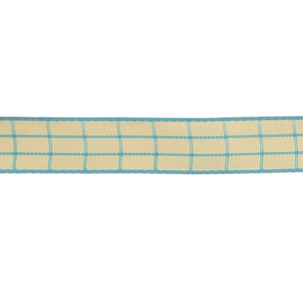 Baltic Sea and Ethereal Green Windowpane Check Woven Ribbon - 0.625" Detail Baltic Sea and Ethereal Green Windowpane Check Woven Ribbon - 0.625" Detail