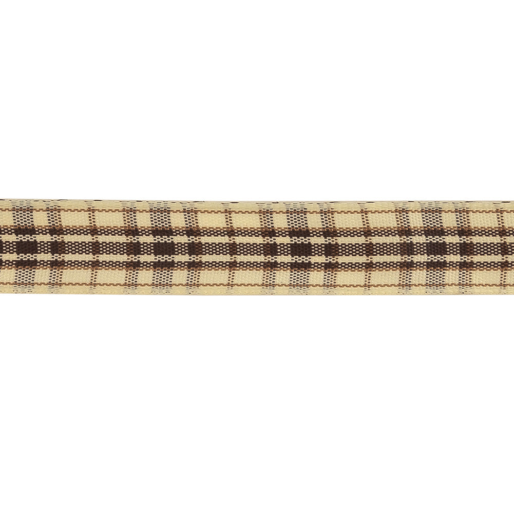 Brown Stone, Tan and Vanilla Ice Plaid Woven Ribbon - 0.625" Detail Brown Stone, Tan and Vanilla Ice Plaid Woven Ribbon - 0.625" Detail