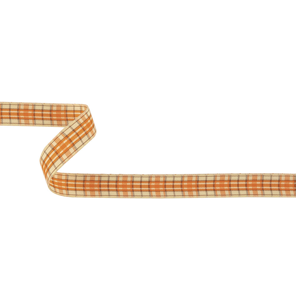 Golden Poppy, Brown and Vanilla Ice Plaid Woven Ribbon - 0.625" Golden Poppy, Brown and Vanilla Ice Plaid Woven Ribbon - 0.625"