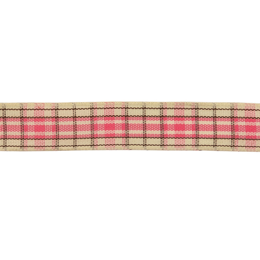 Bubblegum, Brown and Vanilla Ice Plaid Woven Ribbon - 0.625" Detail Bubblegum, Brown and Vanilla Ice Plaid Woven Ribbon - 0.625" Detail