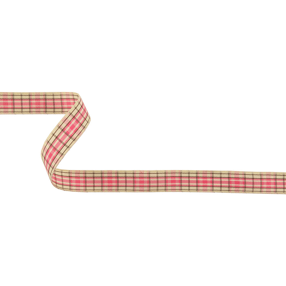 Bubblegum, Brown and Vanilla Ice Plaid Woven Ribbon - 0.625" Bubblegum, Brown and Vanilla Ice Plaid Woven Ribbon - 0.625"