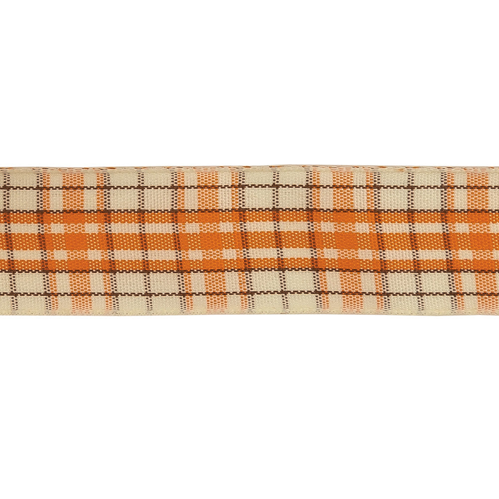 Golden Poppy, Brown and Vanilla Ice Plaid Woven Ribbon - 1" Detail Golden Poppy, Brown and Vanilla Ice Plaid Woven Ribbon - 1" Detail