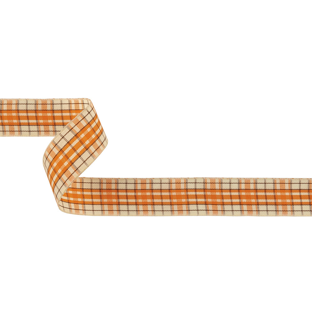 Golden Poppy, Brown and Vanilla Ice Plaid Woven Ribbon - 1" Golden Poppy, Brown and Vanilla Ice Plaid Woven Ribbon - 1"