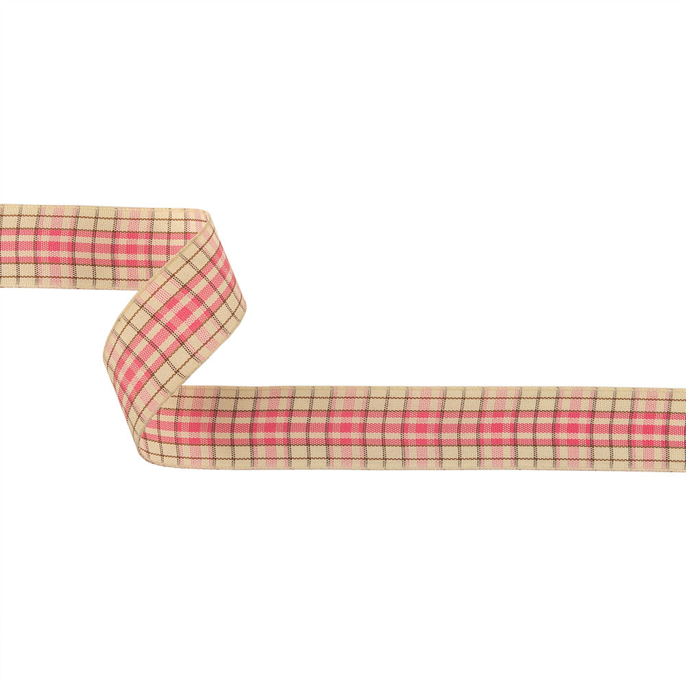 Bubblegum, Brown and Vanilla Ice Plaid Woven Ribbon - 1" Bubblegum, Brown and Vanilla Ice Plaid Woven Ribbon - 1"