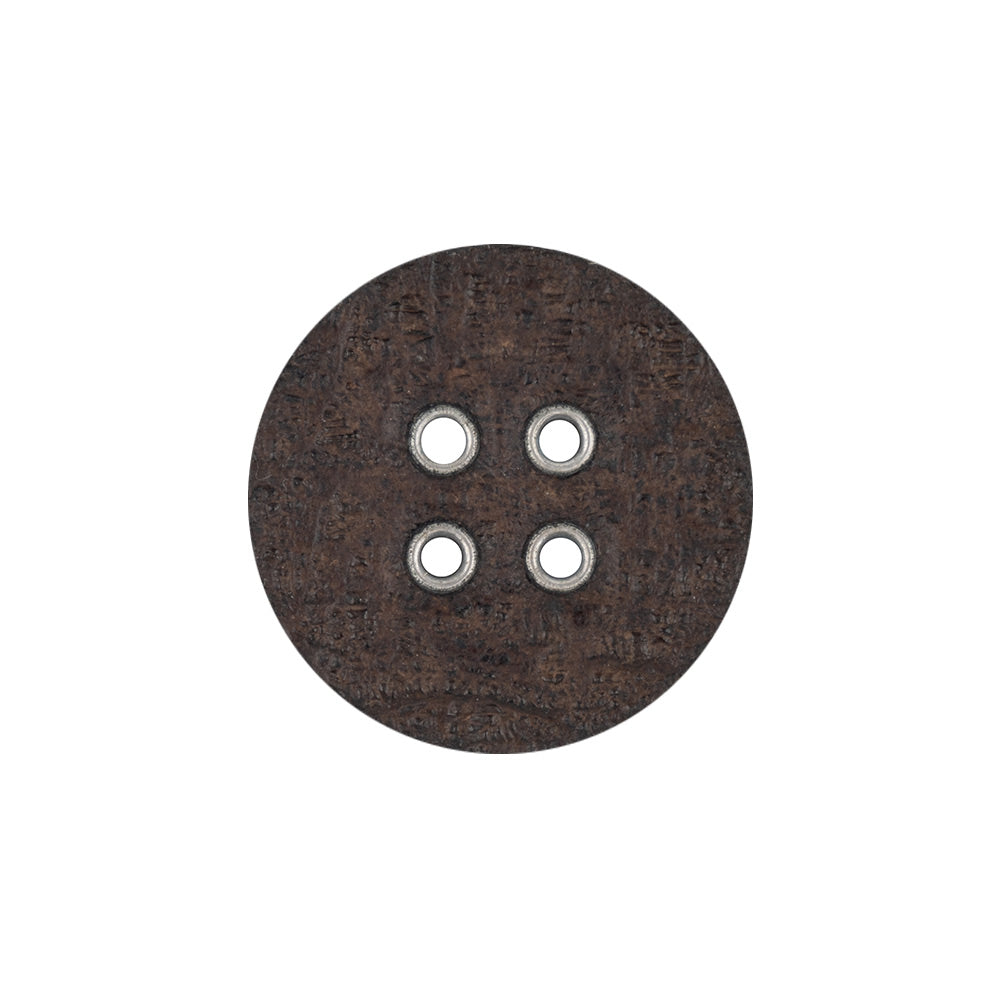 Italian Dark Brown and Shiny Silver Metal 4-Hole Leather Button - 34L/21.5mm Detail Italian Dark Brown and Shiny Silver Metal 4-Hole Leather Button - 34L/21.5mm Detail