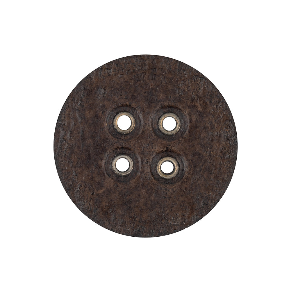 Italian Dark Brown and Shiny Silver Metal 4-Hole Leather Button - 40L/25.5mm Detail Italian Dark Brown and Shiny Silver Metal 4-Hole Leather Button - 40L/25.5mm Detail