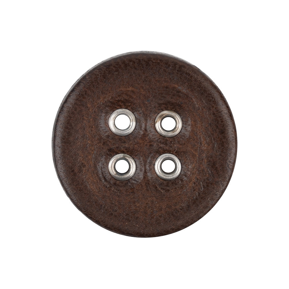 Italian Dark Brown and Shiny Silver Metal 4-Hole Leather Button - 40L/25.5mm Italian Dark Brown and Shiny Silver Metal 4-Hole Leather Button - 40L/25.5mm