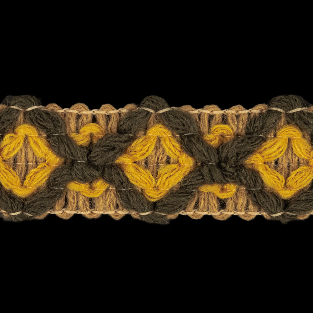 Beige, Mustard and Rifle Green Diamonds Embroidered Trim - 1" Detail Beige, Mustard and Rifle Green Diamonds Embroidered Trim - 1" Detail