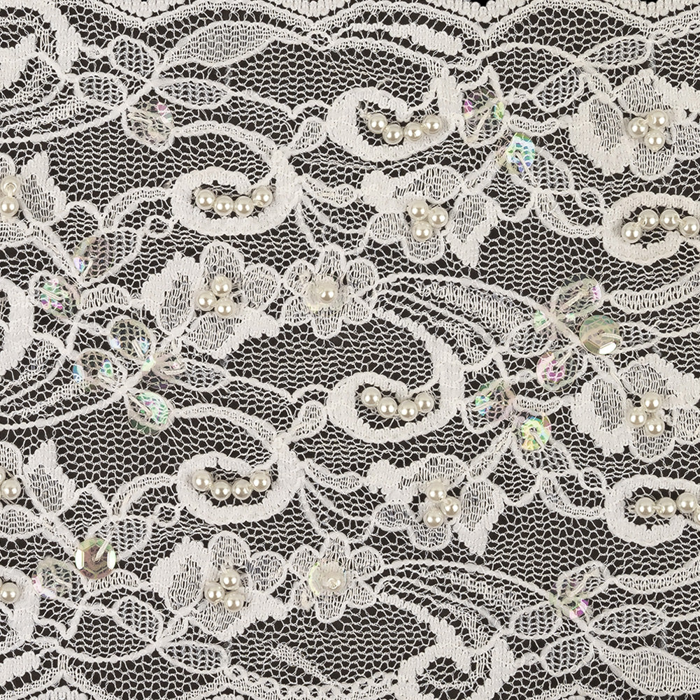 White and Iridescent Floral Beaded and Sequins Lace Trim with Scalloped Edges - 4.375" Detail White and Iridescent Floral Beaded and Sequins Lace Trim with Scalloped Edges - 4.375" Detail
