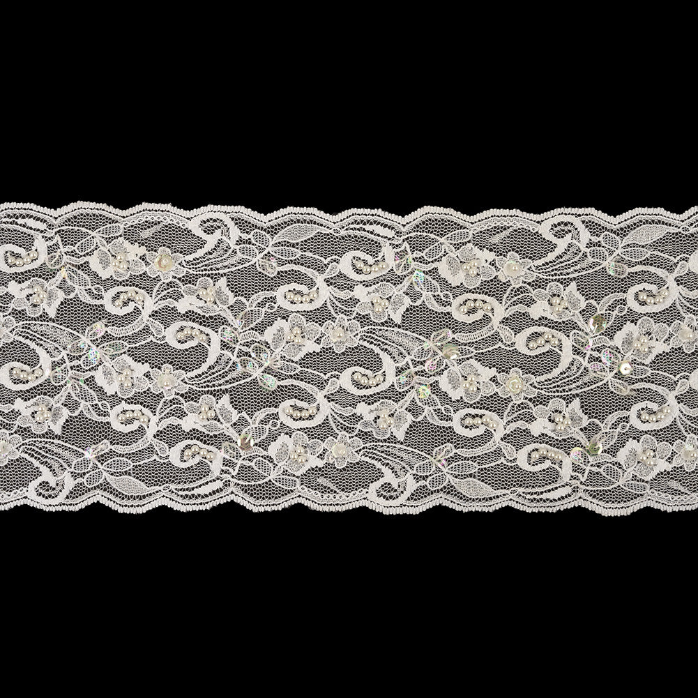 White and Iridescent Floral Beaded and Sequins Lace Trim with Scalloped Edges - 4.375" White and Iridescent Floral Beaded and Sequins Lace Trim with Scalloped Edges - 4.375"