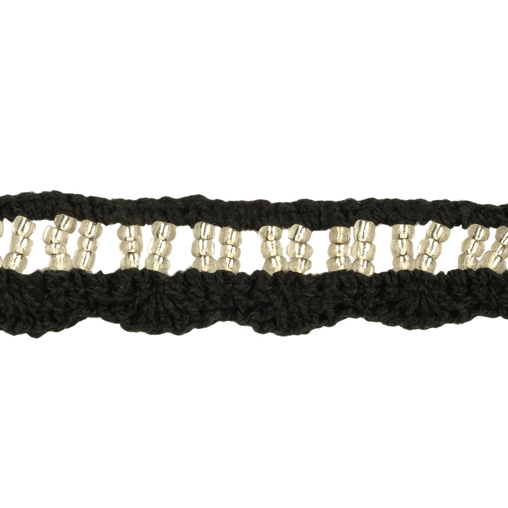 Black and Silver-Lined Beaded Cotton Crochet Lace - 0.75" Detail Black and Silver-Lined Beaded Cotton Crochet Lace - 0.75" Detail