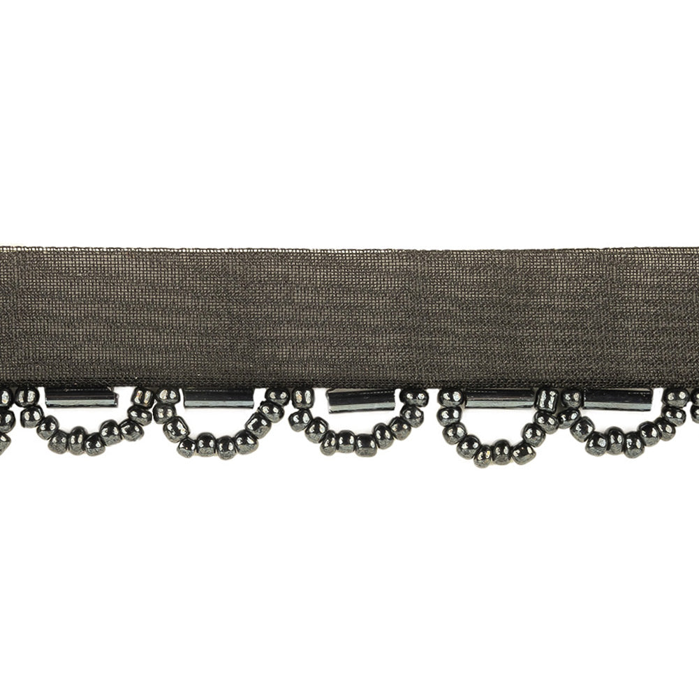 Gunmetal Bugle and Seed Beaded Scalloped Trim with Black Mesh Lip - 0.75" Detail Gunmetal Bugle and Seed Beaded Scalloped Trim with Black Mesh Lip - 0.75" Detail