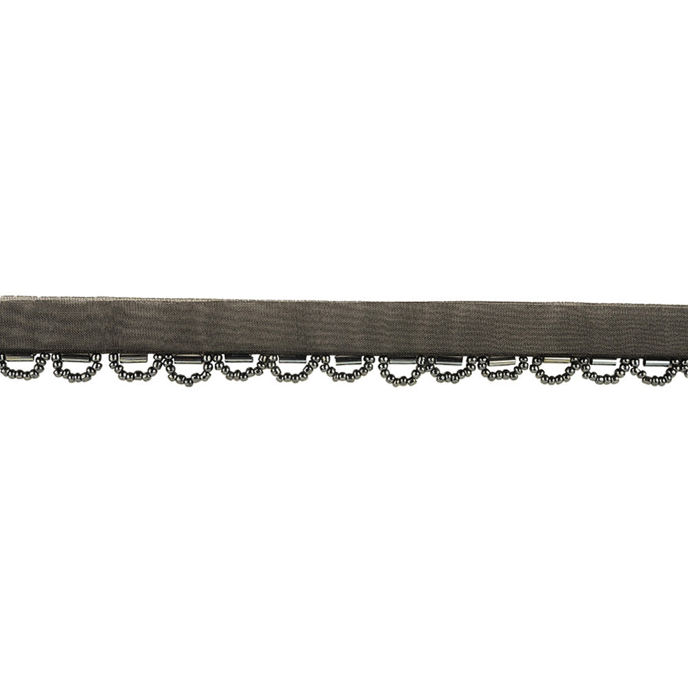Gunmetal Bugle and Seed Beaded Scalloped Trim with Black Mesh Lip - 0.75" Gunmetal Bugle and Seed Beaded Scalloped Trim with Black Mesh Lip - 0.75"