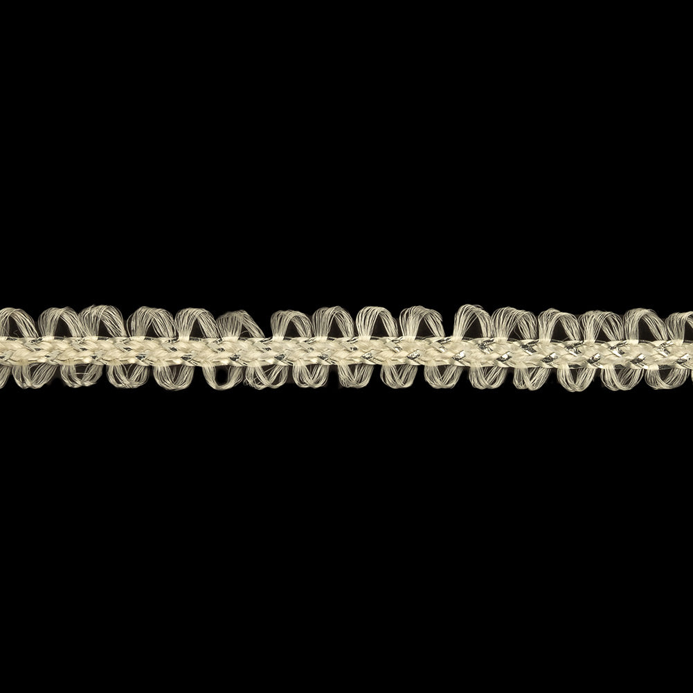 Cloud Dancer and Metallic Silver Loopy Braided Trim - 0.25" Detail Cloud Dancer and Metallic Silver Loopy Braided Trim - 0.25" Detail