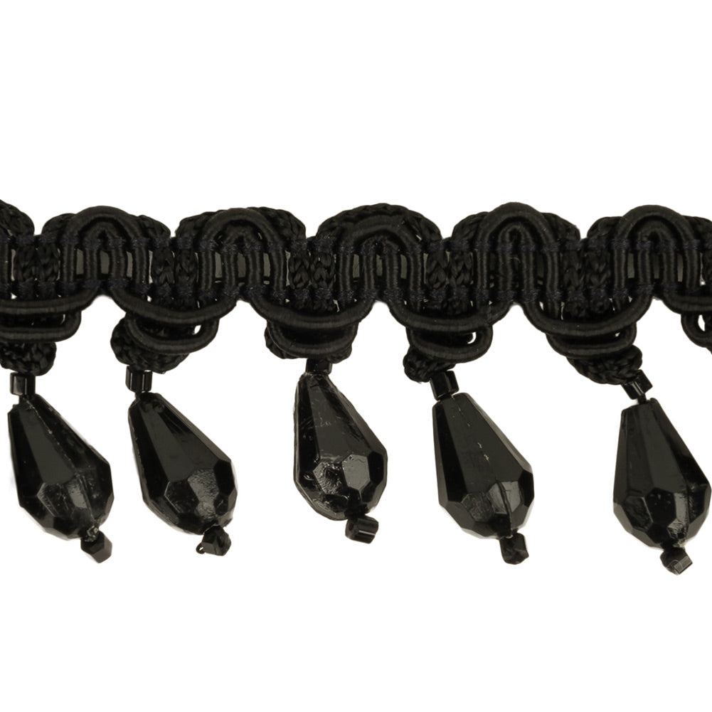 Black Braided Trim with Beaded Fringe - 1.25" Detail Black Braided Trim with Beaded Fringe - 1.25" Detail