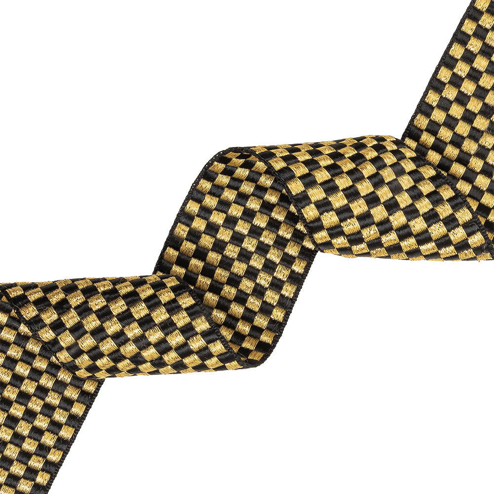 Black and Metallic Gold Checkerboard Satin Faced Woven Trim - 2" Black and Metallic Gold Checkerboard Satin Faced Woven Trim - 2"