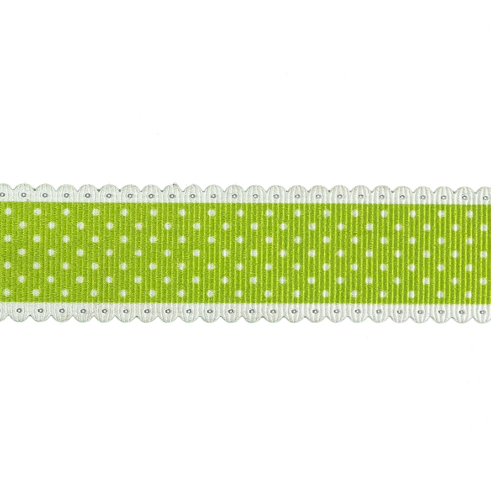 Lime Green and White Alyssum Scalloped Edge Polka Dot Grosgrain Ribbon - 1" Detail Lime Green and White Alyssum Scalloped Edge Polka Dot Grosgrain Ribbon - 1" Detail