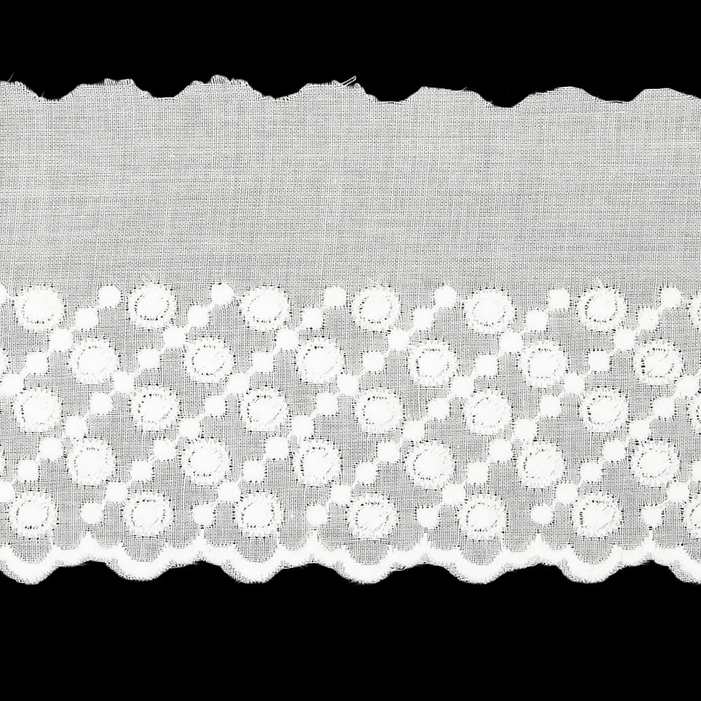White Five-Row Dots Cotton Embroidered Lace Trim with Finished Scalloped Edge - 2.25" Detail White Five-Row Dots Cotton Embroidered Lace Trim with Finished Scalloped Edge - 2.25" Detail