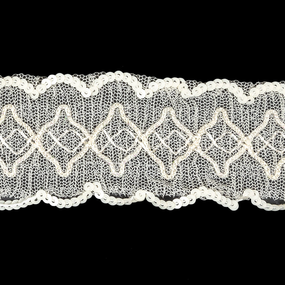 Iridescent Ivory Diamonds Embroidered and Sequined Lace Trim - 1.625" Detail Iridescent Ivory Diamonds Embroidered and Sequined Lace Trim - 1.625" Detail
