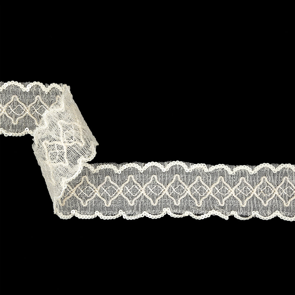Iridescent Ivory Diamonds Embroidered and Sequined Lace Trim - 1.625" Iridescent Ivory Diamonds Embroidered and Sequined Lace Trim - 1.625"