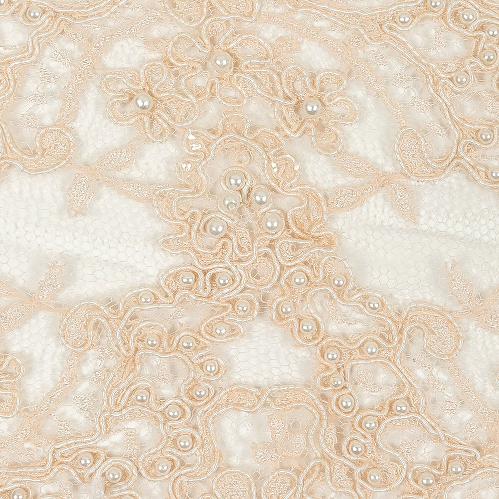 Pale Peach Beaded and Sequined Floral Corded Lace Trim with Eyelash Fringe - 8" Detail Pale Peach Beaded and Sequined Floral Corded Lace Trim with Eyelash Fringe - 8" Detail
