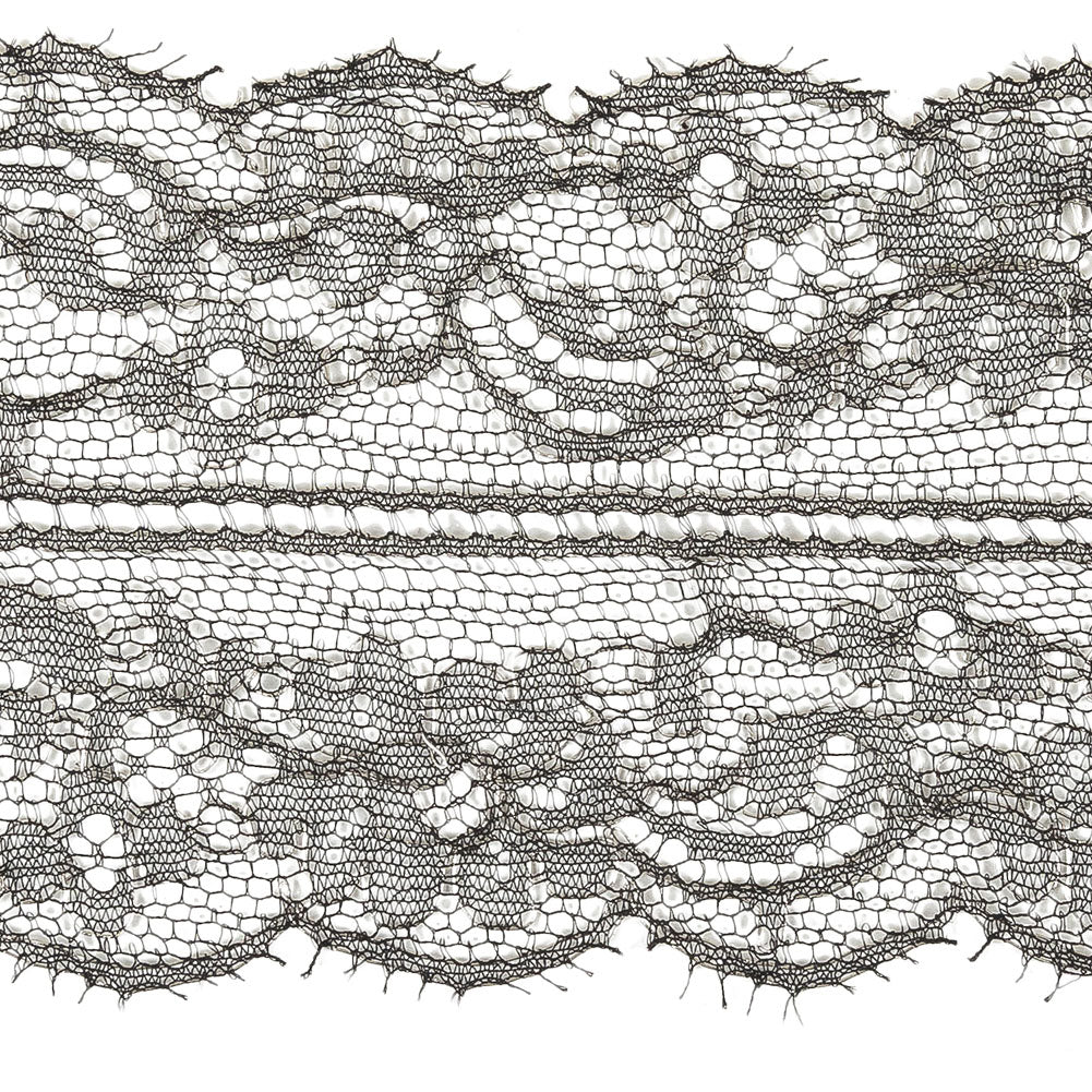 Black and Metallic Silver Floral Chantilly Lace Trim with Eyelash Fringe - 3.25" Detail Black and Metallic Silver Floral Chantilly Lace Trim with Eyelash Fringe - 3.25" Detail