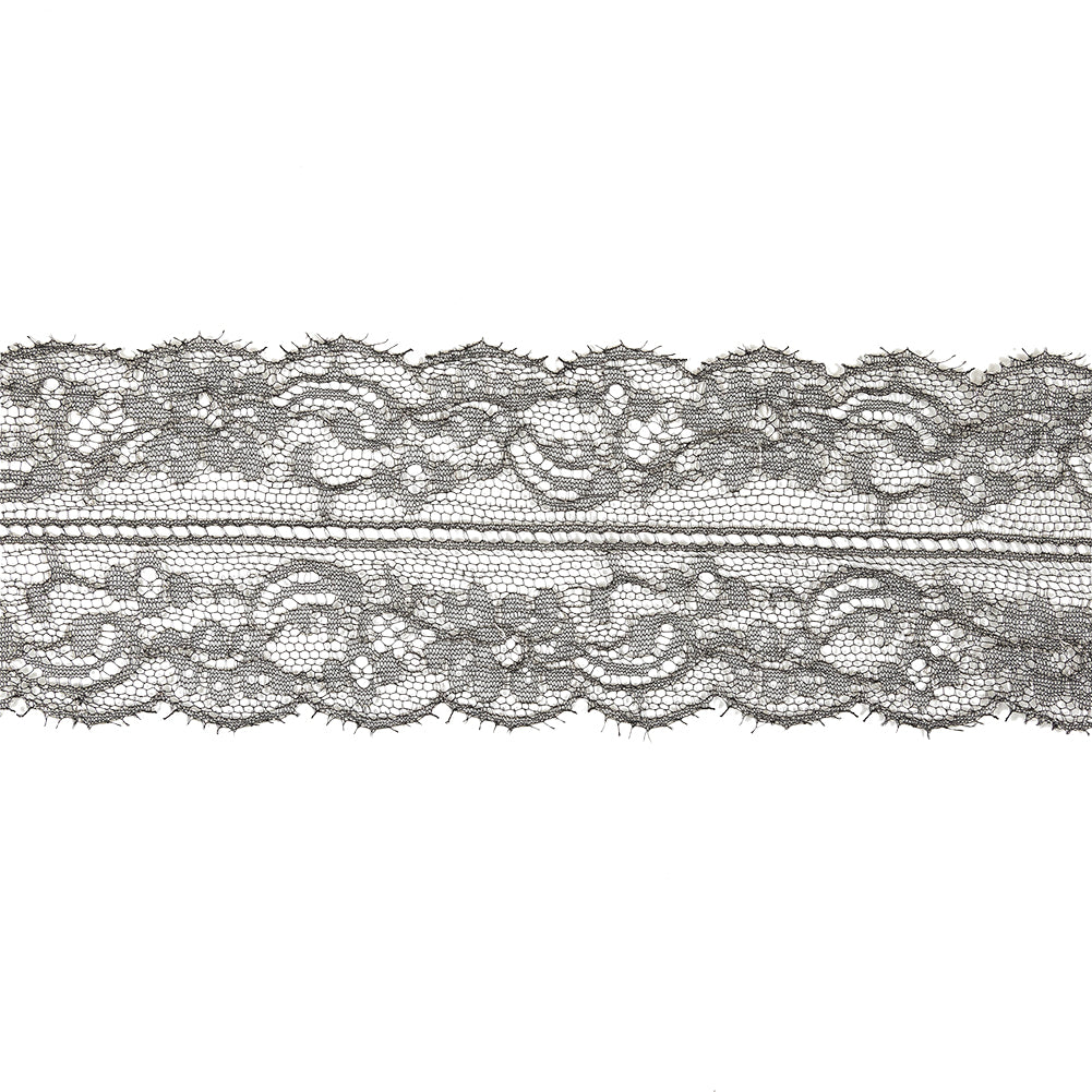 Black and Metallic Silver Floral Chantilly Lace Trim with Eyelash Fringe - 3.25" Black and Metallic Silver Floral Chantilly Lace Trim with Eyelash Fringe - 3.25"