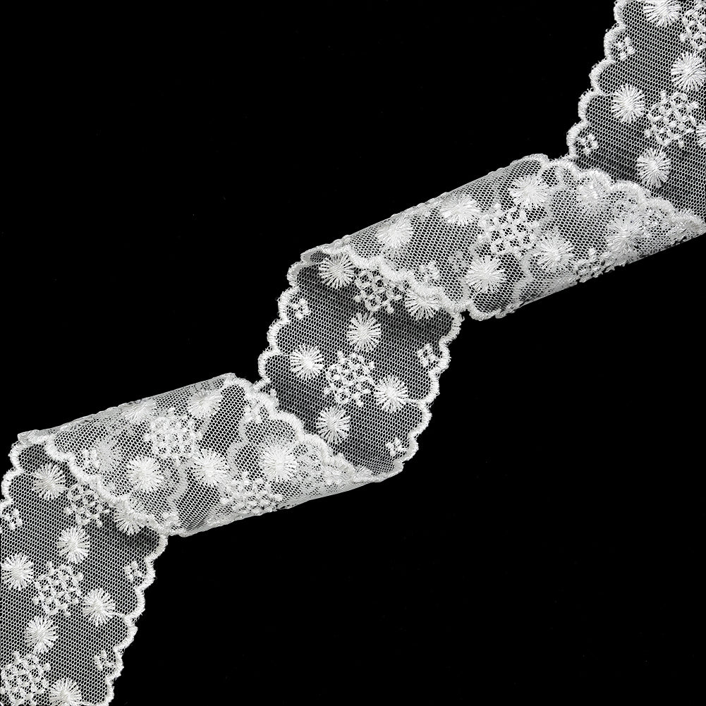 White Floral and Geometric Embroidered Lace Trim with Scalloped Edges - 2.125" White Floral and Geometric Embroidered Lace Trim with Scalloped Edges - 2.125"