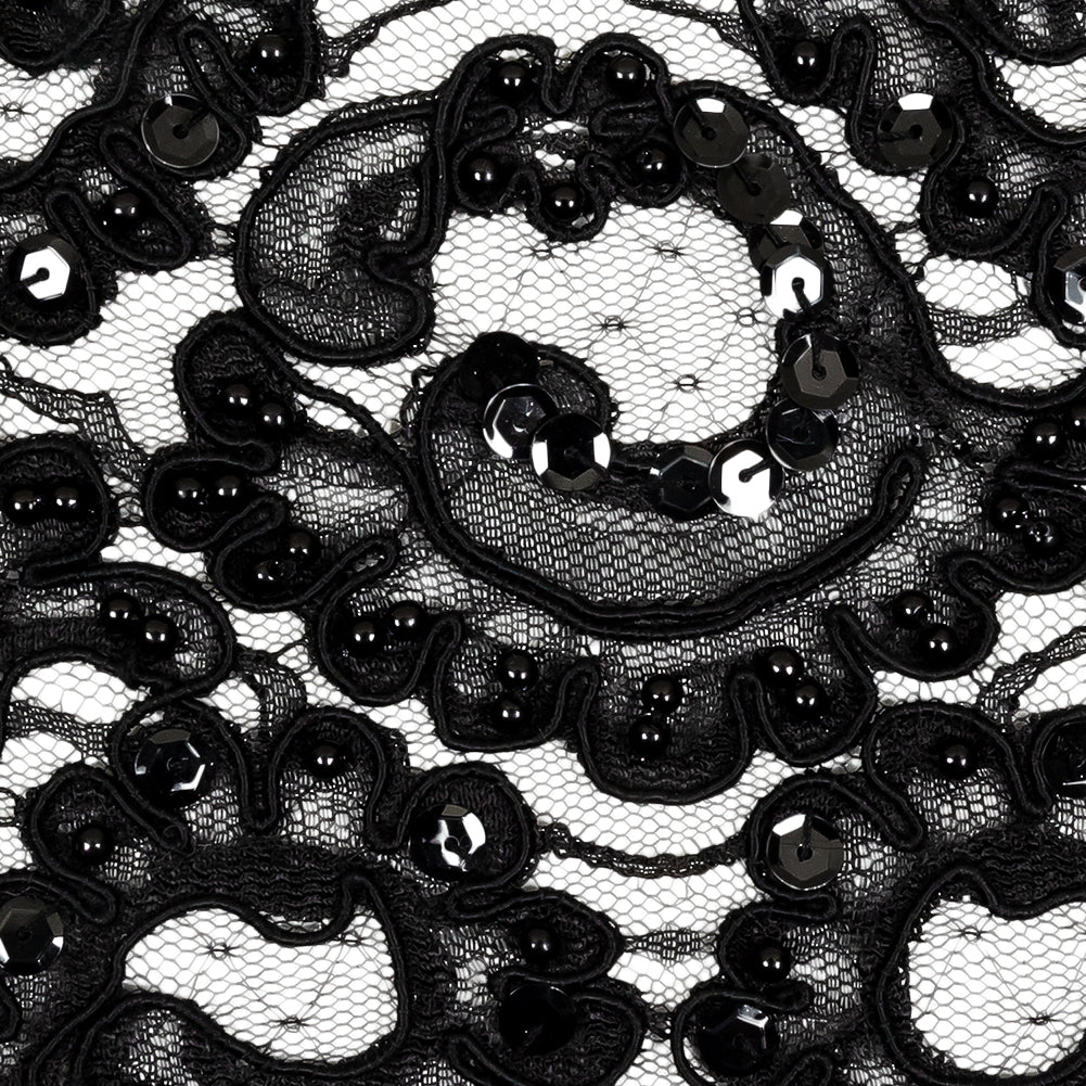 Black Abstract Beaded and Sequined Corded Lace Trim - 4.75" Detail Black Abstract Beaded and Sequined Corded Lace Trim - 4.75" Detail