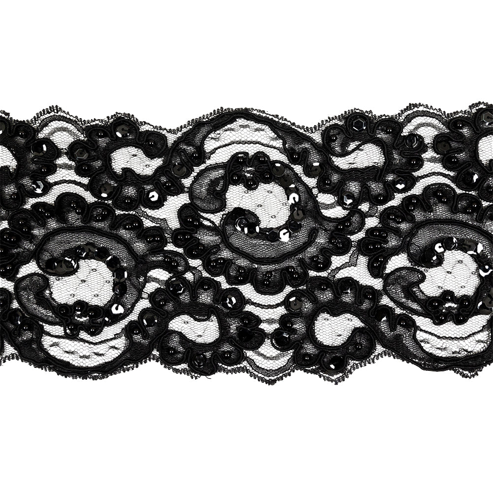 Black Abstract Beaded and Sequined Corded Lace Trim - 4.75" Black Abstract Beaded and Sequined Corded Lace Trim - 4.75"