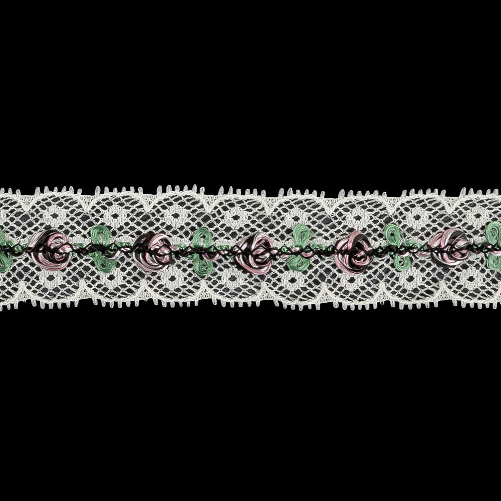 Festival Bloom, Spring Bouquet and Black Embroidered Roses on Whisper White Lace Trim - 0.875" Detail Festival Bloom, Spring Bouquet and Black Embroidered Roses on Whisper White Lace Trim - 0.875" Detail