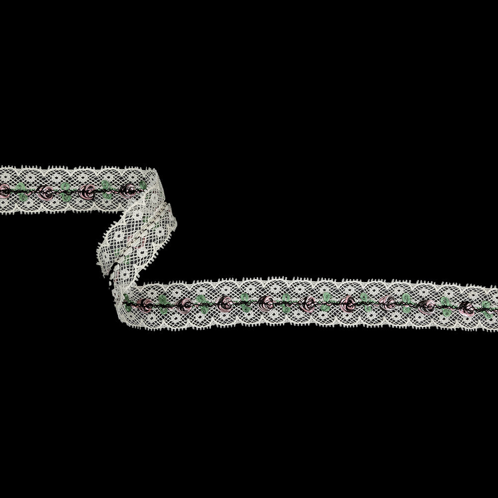 Festival Bloom, Spring Bouquet and Black Embroidered Roses on Whisper White Lace Trim - 0.875" Festival Bloom, Spring Bouquet and Black Embroidered Roses on Whisper White Lace Trim - 0.875"